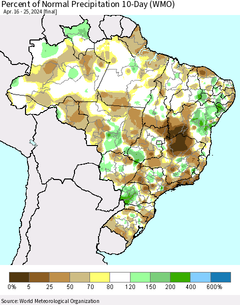 Brazil Percent of Normal Precipitation 10-Day (WMO) Thematic Map For 4/16/2024 - 4/25/2024