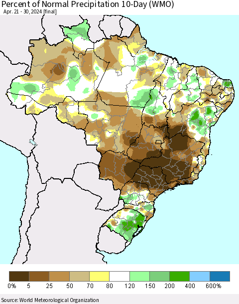 Brazil Percent of Normal Precipitation 10-Day (WMO) Thematic Map For 4/21/2024 - 4/30/2024