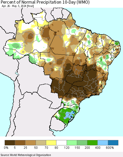 Brazil Percent of Normal Precipitation 10-Day (WMO) Thematic Map For 4/26/2024 - 5/5/2024