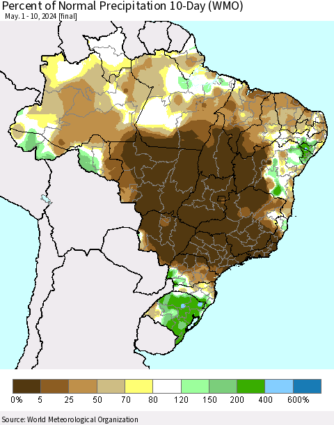 Brazil Percent of Normal Precipitation 10-Day (WMO) Thematic Map For 5/1/2024 - 5/10/2024