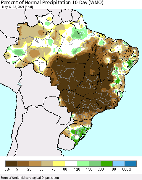 Brazil Percent of Normal Precipitation 10-Day (WMO) Thematic Map For 5/6/2024 - 5/15/2024