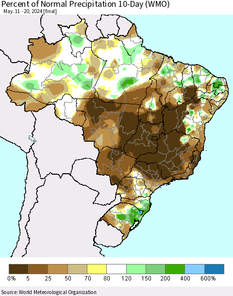 Brazil Percent of Normal Precipitation 10-Day (WMO) Thematic Map For 5/11/2024 - 5/20/2024