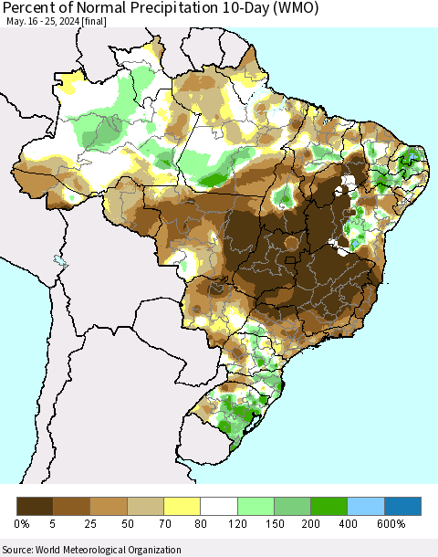 Brazil Percent of Normal Precipitation 10-Day (WMO) Thematic Map For 5/16/2024 - 5/25/2024