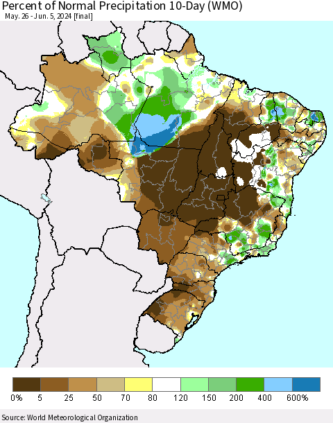Brazil Percent of Normal Precipitation 10-Day (WMO) Thematic Map For 5/26/2024 - 6/5/2024