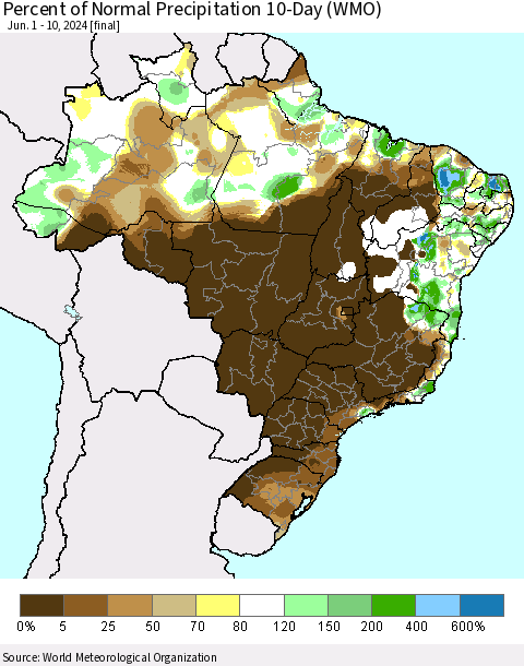 Brazil Percent of Normal Precipitation 10-Day (WMO) Thematic Map For 6/1/2024 - 6/10/2024