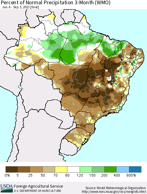 Brazil Percent of Normal Precipitation 3-Month (WMO) Thematic Map For 6/6/2021 - 9/5/2021