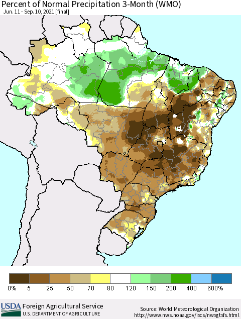 Brazil Percent of Normal Precipitation 3-Month (WMO) Thematic Map For 6/11/2021 - 9/10/2021