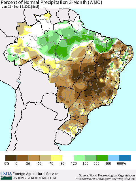 Brazil Percent of Normal Precipitation 3-Month (WMO) Thematic Map For 6/16/2021 - 9/15/2021