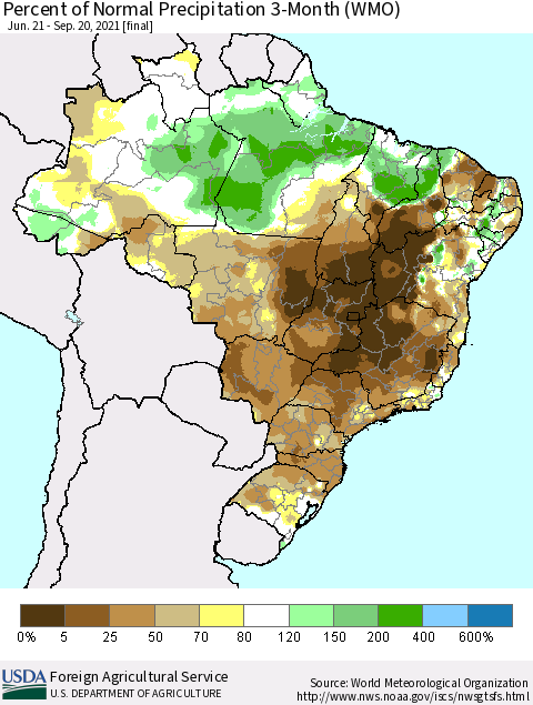 Brazil Percent of Normal Precipitation 3-Month (WMO) Thematic Map For 6/21/2021 - 9/20/2021