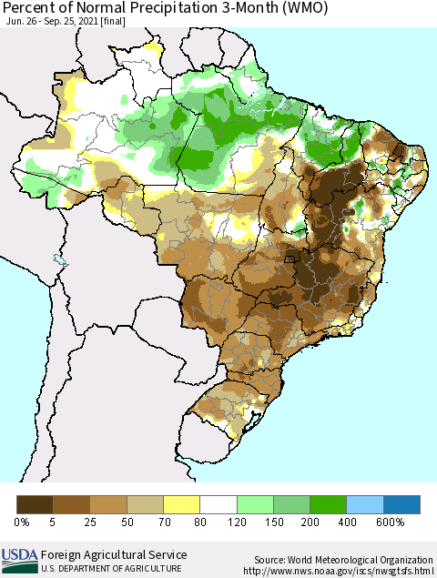 Brazil Percent of Normal Precipitation 3-Month (WMO) Thematic Map For 6/26/2021 - 9/25/2021