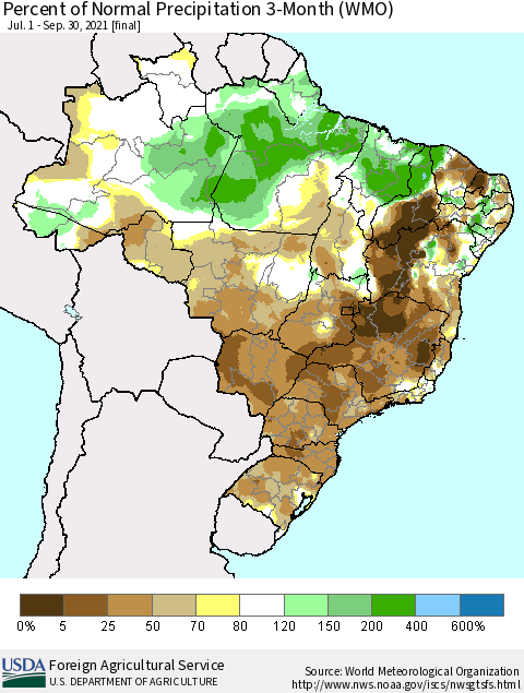 Brazil Percent of Normal Precipitation 3-Month (WMO) Thematic Map For 7/1/2021 - 9/30/2021