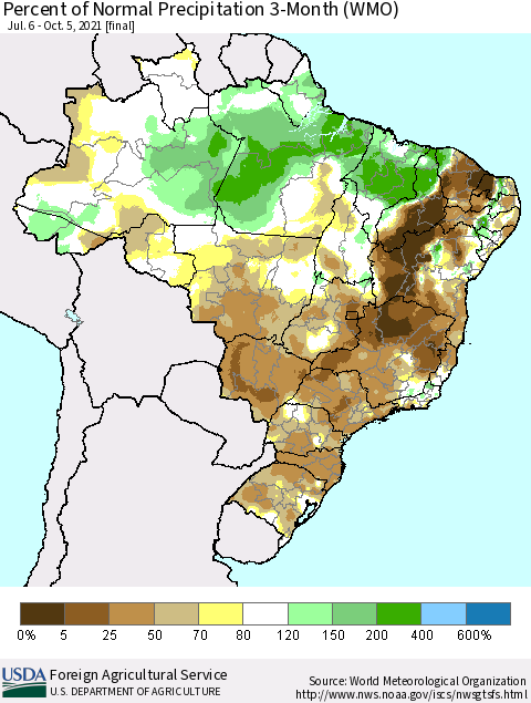 Brazil Percent of Normal Precipitation 3-Month (WMO) Thematic Map For 7/6/2021 - 10/5/2021