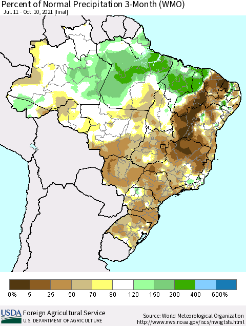 Brazil Percent of Normal Precipitation 3-Month (WMO) Thematic Map For 7/11/2021 - 10/10/2021