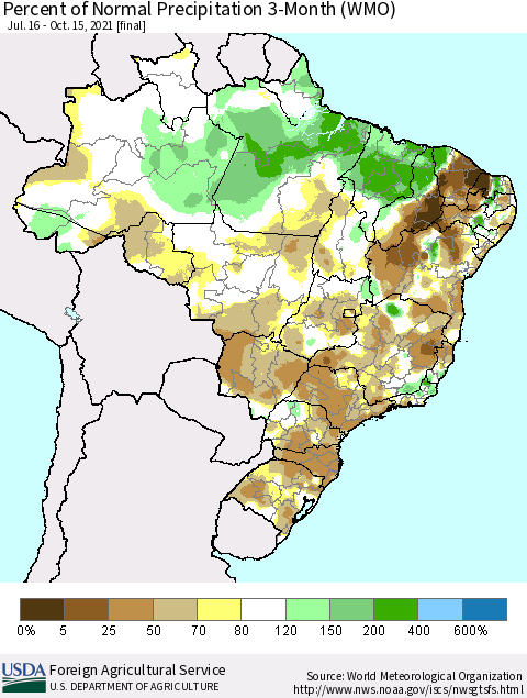Brazil Percent of Normal Precipitation 3-Month (WMO) Thematic Map For 7/16/2021 - 10/15/2021