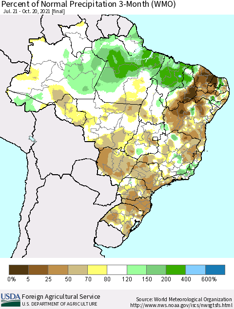 Brazil Percent of Normal Precipitation 3-Month (WMO) Thematic Map For 7/21/2021 - 10/20/2021