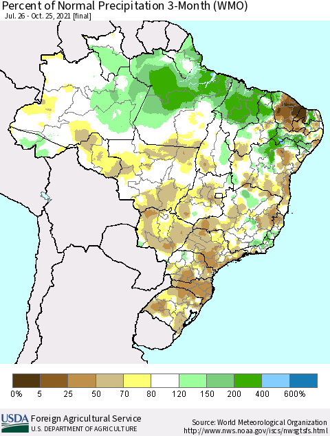 Brazil Percent of Normal Precipitation 3-Month (WMO) Thematic Map For 7/26/2021 - 10/25/2021