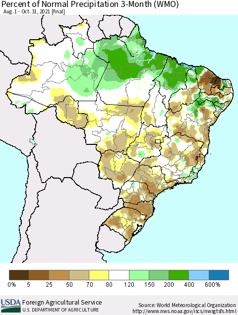 Brazil Percent of Normal Precipitation 3-Month (WMO) Thematic Map For 8/1/2021 - 10/31/2021