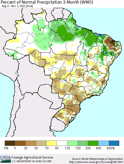 Brazil Percent of Normal Precipitation 3-Month (WMO) Thematic Map For 8/6/2021 - 11/5/2021