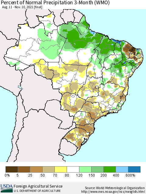 Brazil Percent of Normal Precipitation 3-Month (WMO) Thematic Map For 8/11/2021 - 11/10/2021