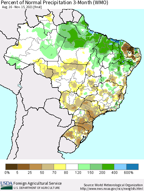 Brazil Percent of Normal Precipitation 3-Month (WMO) Thematic Map For 8/16/2021 - 11/15/2021