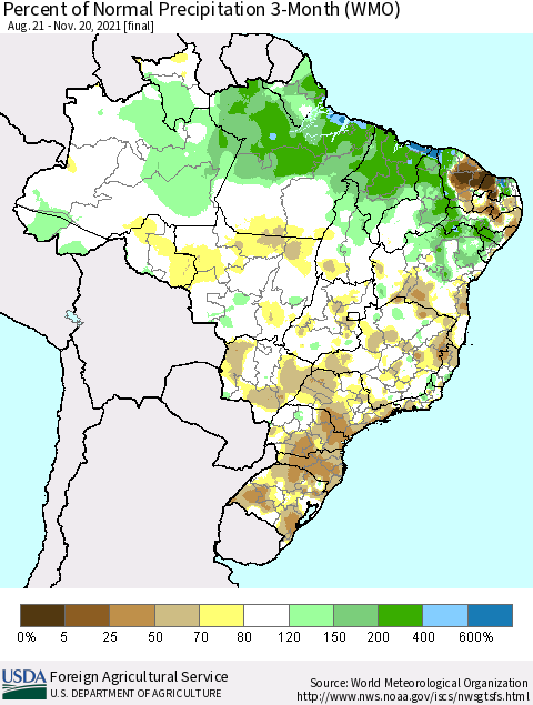 Brazil Percent of Normal Precipitation 3-Month (WMO) Thematic Map For 8/21/2021 - 11/20/2021