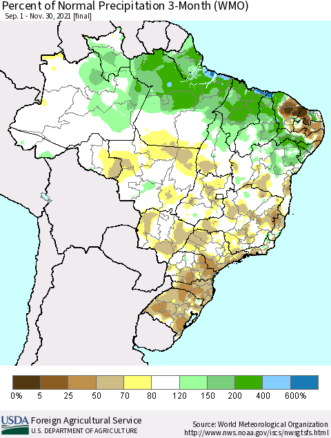Brazil Percent of Normal Precipitation 3-Month (WMO) Thematic Map For 9/1/2021 - 11/30/2021