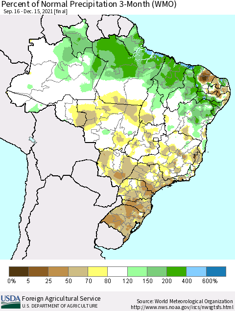 Brazil Percent of Normal Precipitation 3-Month (WMO) Thematic Map For 9/16/2021 - 12/15/2021