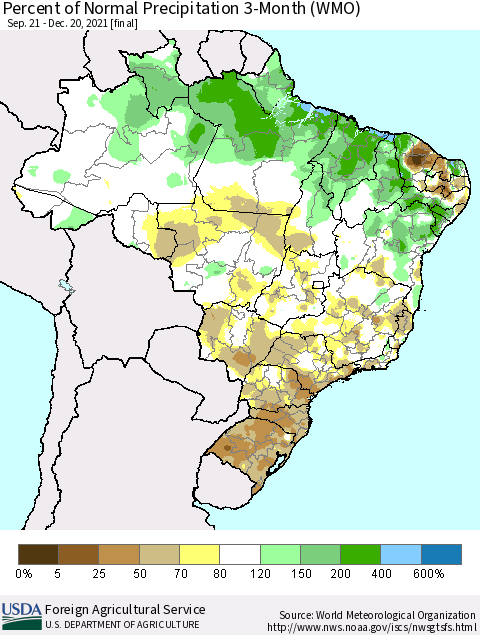 Brazil Percent of Normal Precipitation 3-Month (WMO) Thematic Map For 9/21/2021 - 12/20/2021