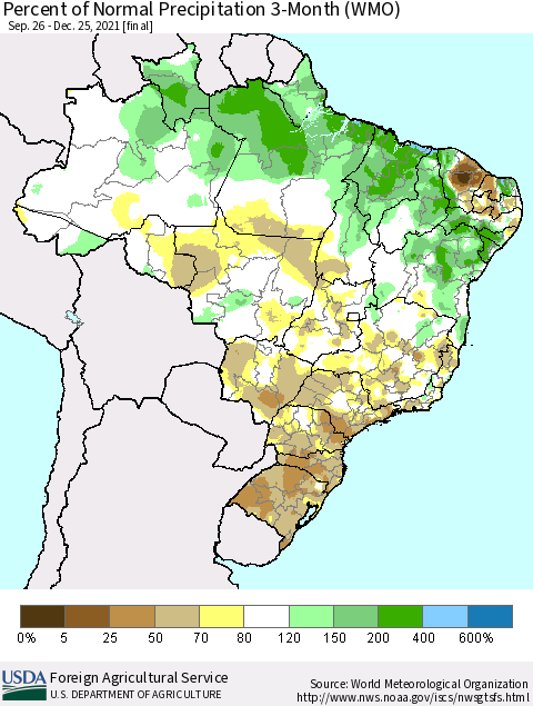 Brazil Percent of Normal Precipitation 3-Month (WMO) Thematic Map For 9/26/2021 - 12/25/2021