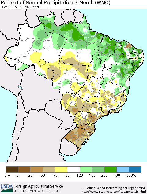 Brazil Percent of Normal Precipitation 3-Month (WMO) Thematic Map For 10/1/2021 - 12/31/2021