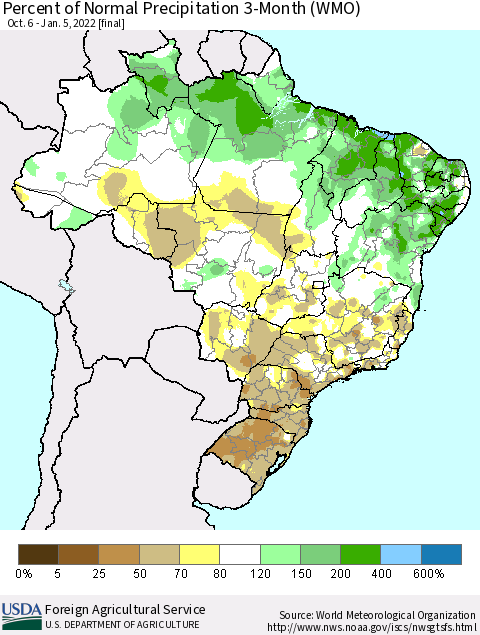 Brazil Percent of Normal Precipitation 3-Month (WMO) Thematic Map For 10/6/2021 - 1/5/2022