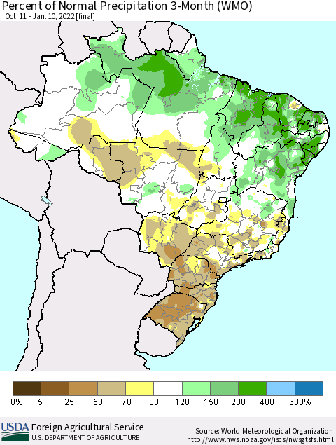 Brazil Percent of Normal Precipitation 3-Month (WMO) Thematic Map For 10/11/2021 - 1/10/2022