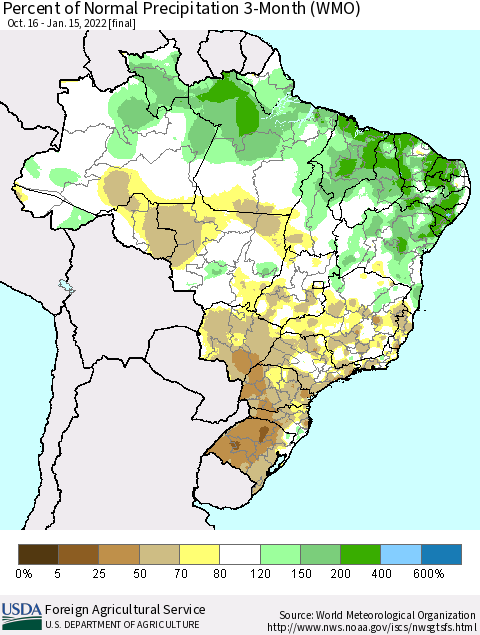 Brazil Percent of Normal Precipitation 3-Month (WMO) Thematic Map For 10/16/2021 - 1/15/2022