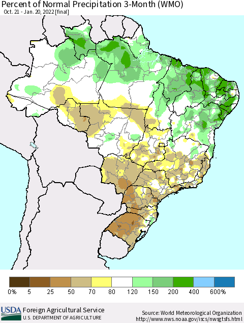 Brazil Percent of Normal Precipitation 3-Month (WMO) Thematic Map For 10/21/2021 - 1/20/2022