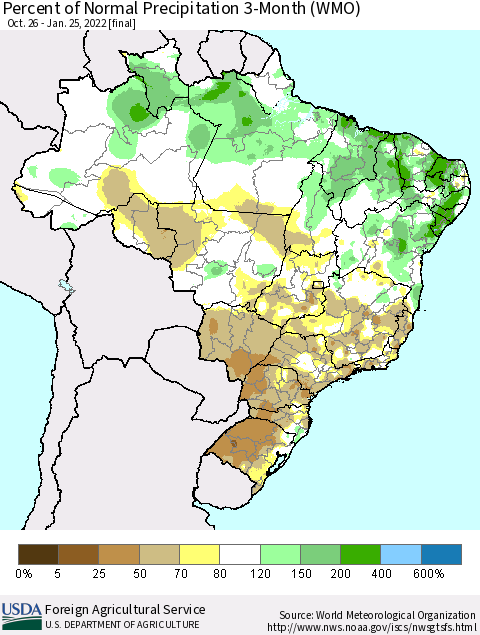 Brazil Percent of Normal Precipitation 3-Month (WMO) Thematic Map For 10/26/2021 - 1/25/2022