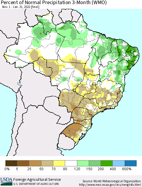 Brazil Percent of Normal Precipitation 3-Month (WMO) Thematic Map For 11/1/2021 - 1/31/2022