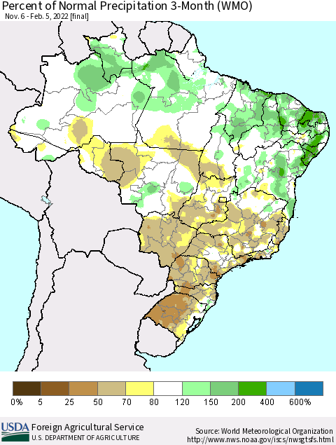 Brazil Percent of Normal Precipitation 3-Month (WMO) Thematic Map For 11/6/2021 - 2/5/2022
