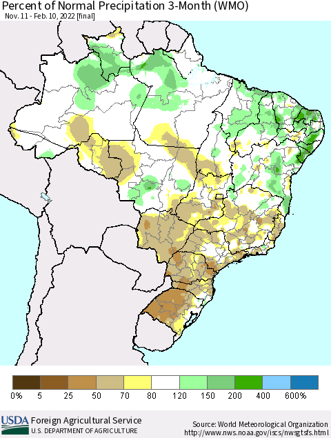 Brazil Percent of Normal Precipitation 3-Month (WMO) Thematic Map For 11/11/2021 - 2/10/2022