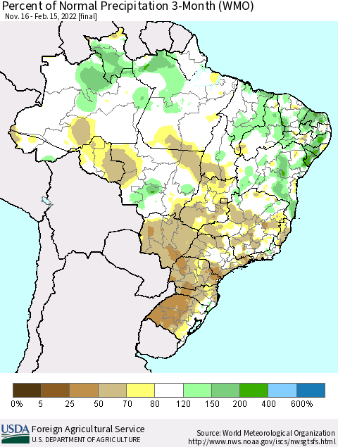 Brazil Percent of Normal Precipitation 3-Month (WMO) Thematic Map For 11/16/2021 - 2/15/2022