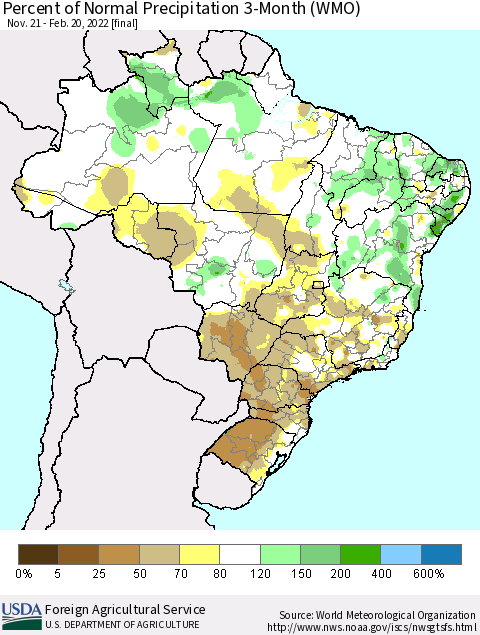 Brazil Percent of Normal Precipitation 3-Month (WMO) Thematic Map For 11/21/2021 - 2/20/2022