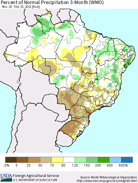 Brazil Percent of Normal Precipitation 3-Month (WMO) Thematic Map For 11/26/2021 - 2/25/2022