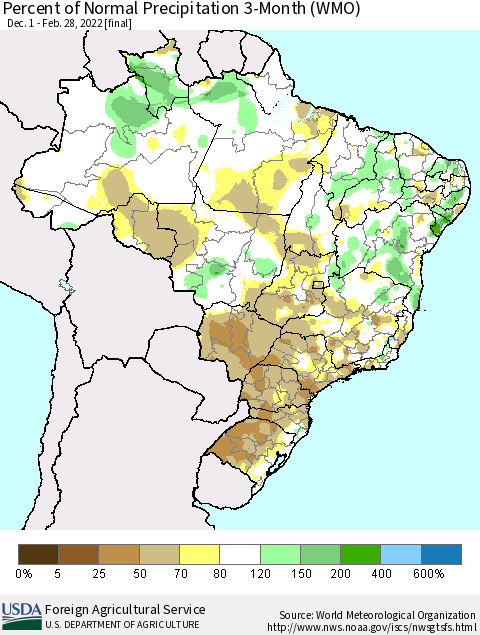 Brazil Percent of Normal Precipitation 3-Month (WMO) Thematic Map For 12/1/2021 - 2/28/2022
