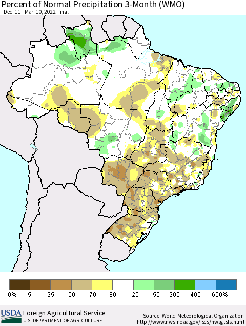 Brazil Percent of Normal Precipitation 3-Month (WMO) Thematic Map For 12/11/2021 - 3/10/2022