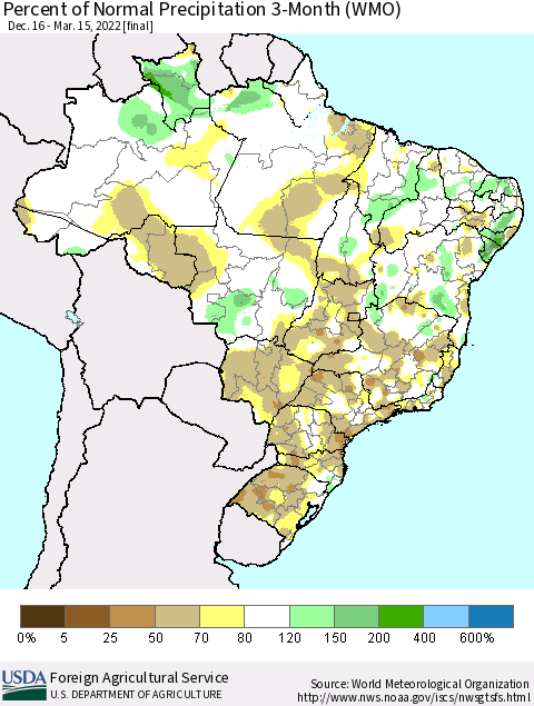 Brazil Percent of Normal Precipitation 3-Month (WMO) Thematic Map For 12/16/2021 - 3/15/2022