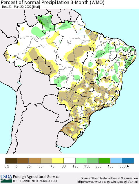 Brazil Percent of Normal Precipitation 3-Month (WMO) Thematic Map For 12/21/2021 - 3/20/2022