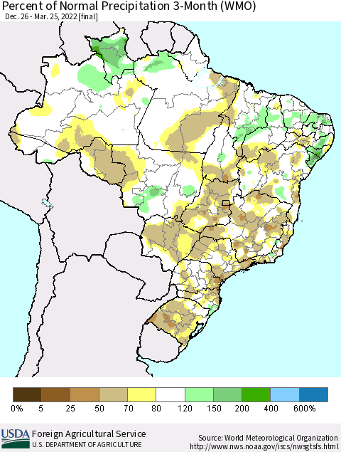 Brazil Percent of Normal Precipitation 3-Month (WMO) Thematic Map For 12/26/2021 - 3/25/2022