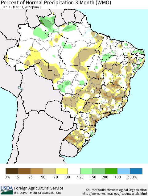 Brazil Percent of Normal Precipitation 3-Month (WMO) Thematic Map For 1/1/2022 - 3/31/2022