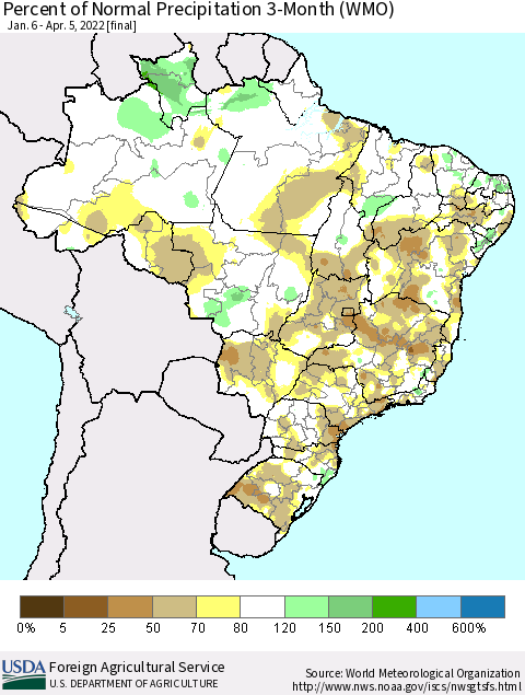 Brazil Percent of Normal Precipitation 3-Month (WMO) Thematic Map For 1/6/2022 - 4/5/2022