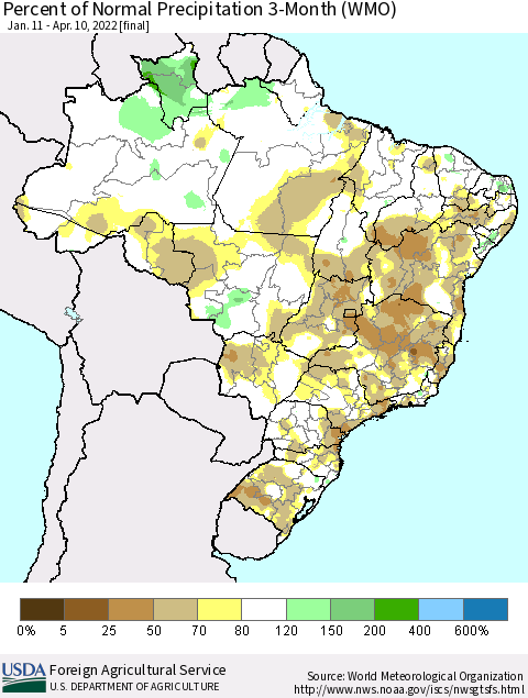Brazil Percent of Normal Precipitation 3-Month (WMO) Thematic Map For 1/11/2022 - 4/10/2022