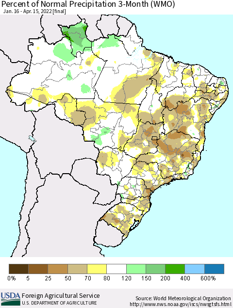 Brazil Percent of Normal Precipitation 3-Month (WMO) Thematic Map For 1/16/2022 - 4/15/2022